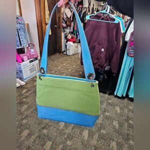 Vintage Tommy Hilfiger Swingers Satchel Handbag Blue Canvas Green Y2K.